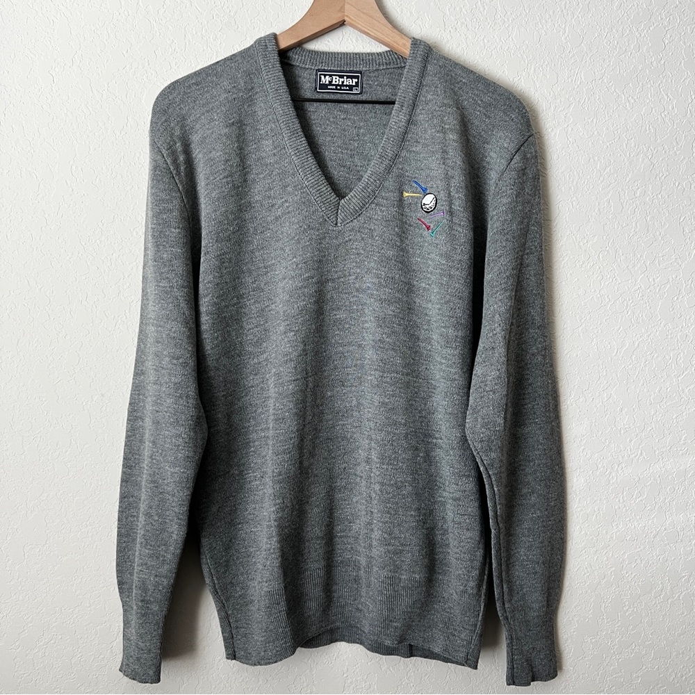 Vintage McBriar Golf Sweater V-Neck Pullover Gray Embroidered Unisex  L - Picture 2 of 7